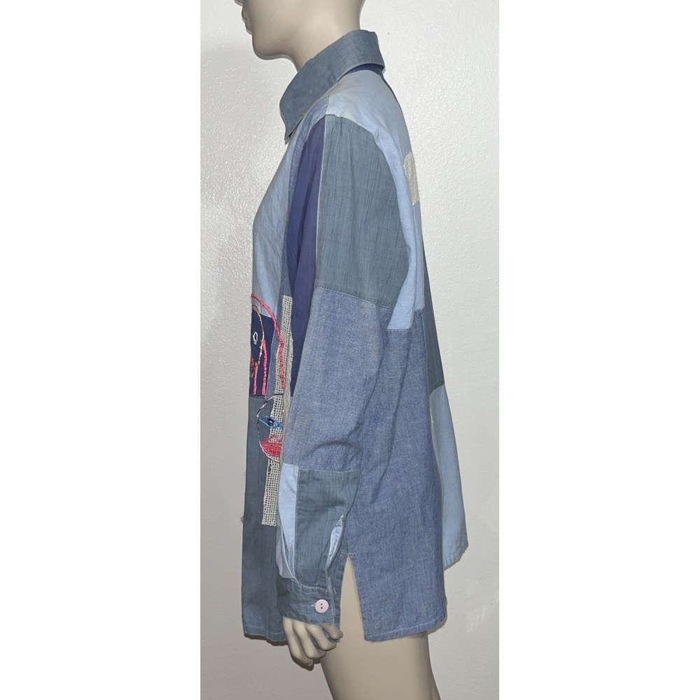 VTG Spirit by Sandy Starkman Blue Block Pattern Shirt Wearable Art Faces Sz Med - Picture 4 of 15